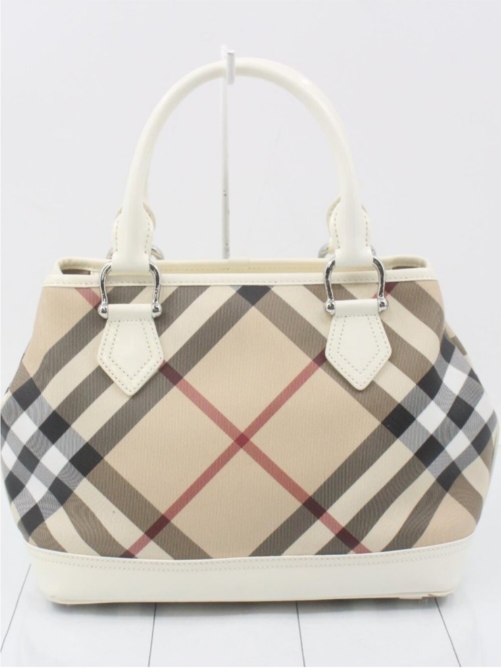 Blueberry Classic Beige Plaid Tote Bag with White Trim
